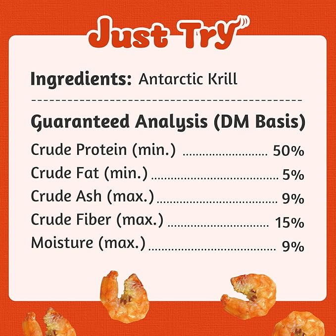 Just Try 4.6 oz Freeze Dried Antarctic Krill for Dogs & Cats High Protein Grain Free Treats Natural Shrimp Omega 3 Fish Oil Supports Skin & Coat Health