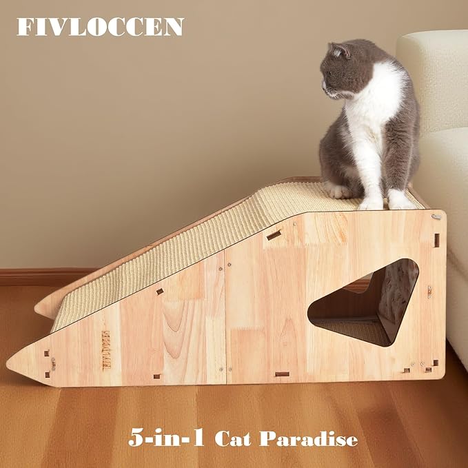 large Cat Scratching Post with Bed: Modern Sisal Cat Scratcher & Wood Frame, Integrated Cat Scratch Pad Post Condo Tunnel. All-in-One Space Saver for Multi-Cat & Budget-Friendly Homes (32in)