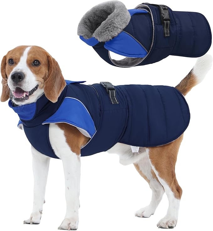 Nanaki Warm Fleece Lined Dog Coats Vests for Winter Waterproof, Furry Collar Dog Jacket with Leash Hole, Reflective Pet Snow Jacket Suit for Outdoor Walking Hunting,Easy On Puppy Coat Beagle, Blue L