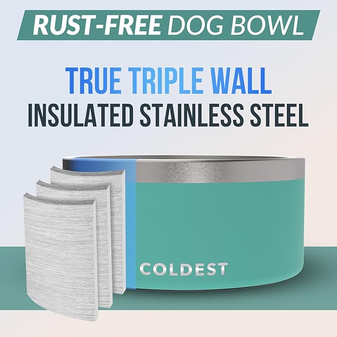 Coldest Dog Bowl - Anti Rust Metal, Non Slip, 3 Layers Insulated Stainless Steel Dog Bowls - Spill Proof & Heavy Duty - Water Bowl for Dogs, Cats & Pets, Dish Washer Safe (200 oz, Terraform Green)