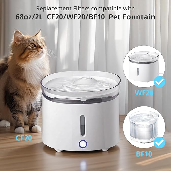 6 Pack Cat Water Fountain Filter, Replacement Filters for WF20/CF20 Wireless Pumps Cat Water Fountain,Triple Filtration System (6 Pcs Sponges)