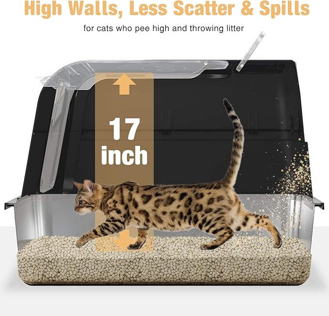 Stainless Steel Cat Litter Box Fully Enclosed, Extra Large Metal High Sided Cat Box with 120° Fully Transparent See-Through Flip Lid, Scoop & Mat - Black - XL