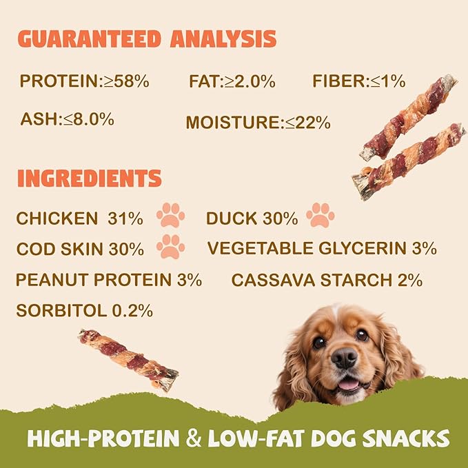Dog Treats, Chicken Duck Wrapped Cod Skin Sticks for Dogs, Healthy Fish Dog Snacks Rich in Omega 3, Rawhide-Free Long Lasting Dog Jerky Traning Treats for Small Medium Large Breeds,10.58 oz