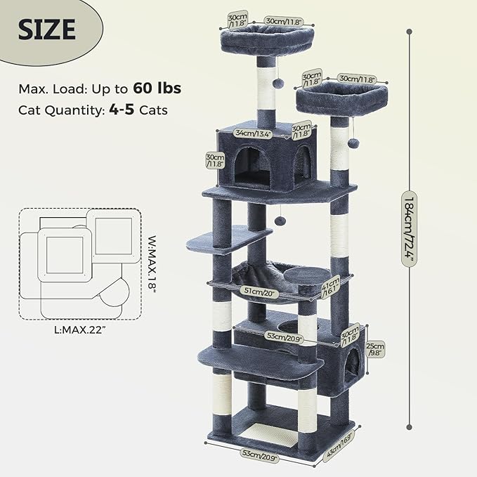 PAWZ Road Large Cat Tree, 72 Inches Cat Tower for Large Cats, Cat Condo with Sisal-Covered Scratching Posts and Pads, 2 Padded Perch, Dual Condo and Basket for Indoor Cats-Dark Gray