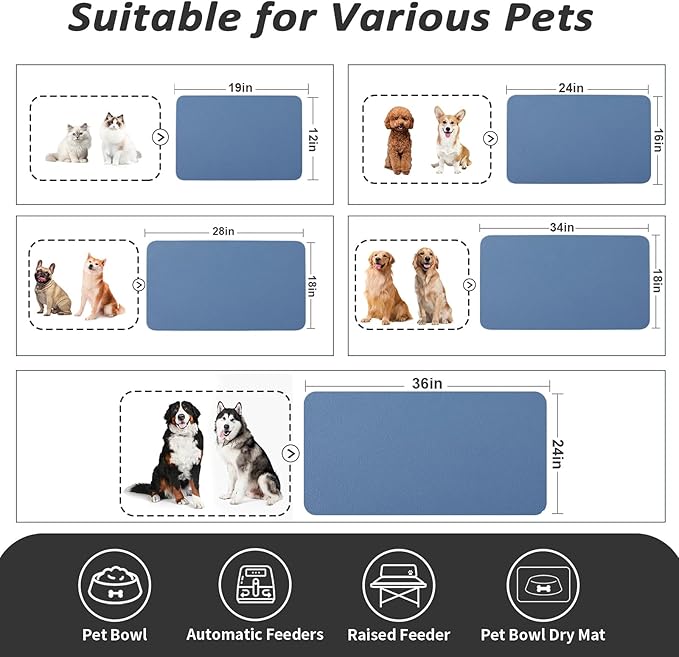 Pet Feeding Mat - Absorbent Dog Mat for Food and Water, No Stains Cat Bowl Mat, Easy to Clean Pet Placemats, Quick Dry Dog Water Dispenser Mat for Messy Drinkers | Blue 16"x 24"