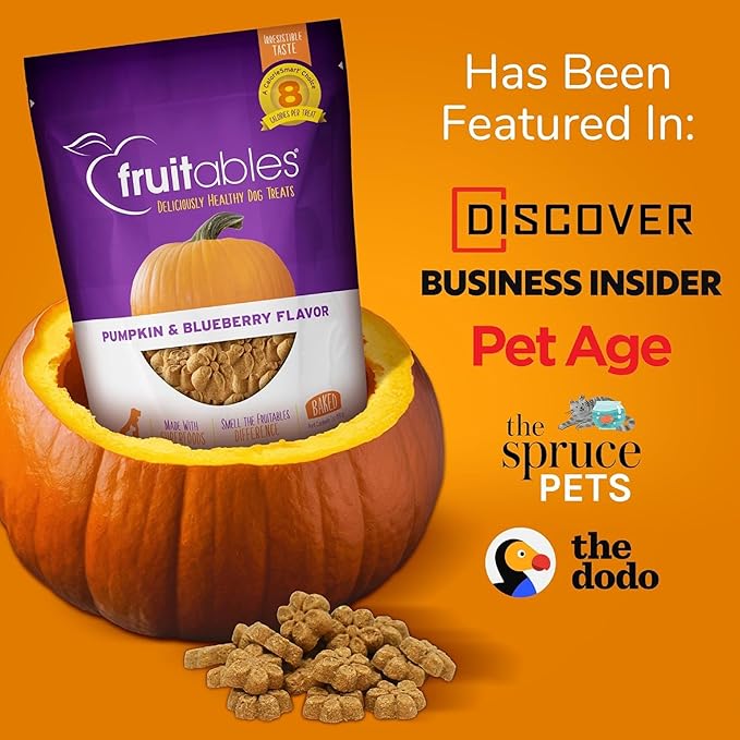 Fruitables Baked Dog Treats, Healthy Pumpkin Treat for Dogs, Low Calorie & Delicious, Free of Wheat, Corn and Soy, Made in the USA, Apple and Crispy Bacon Flavor, 7oz