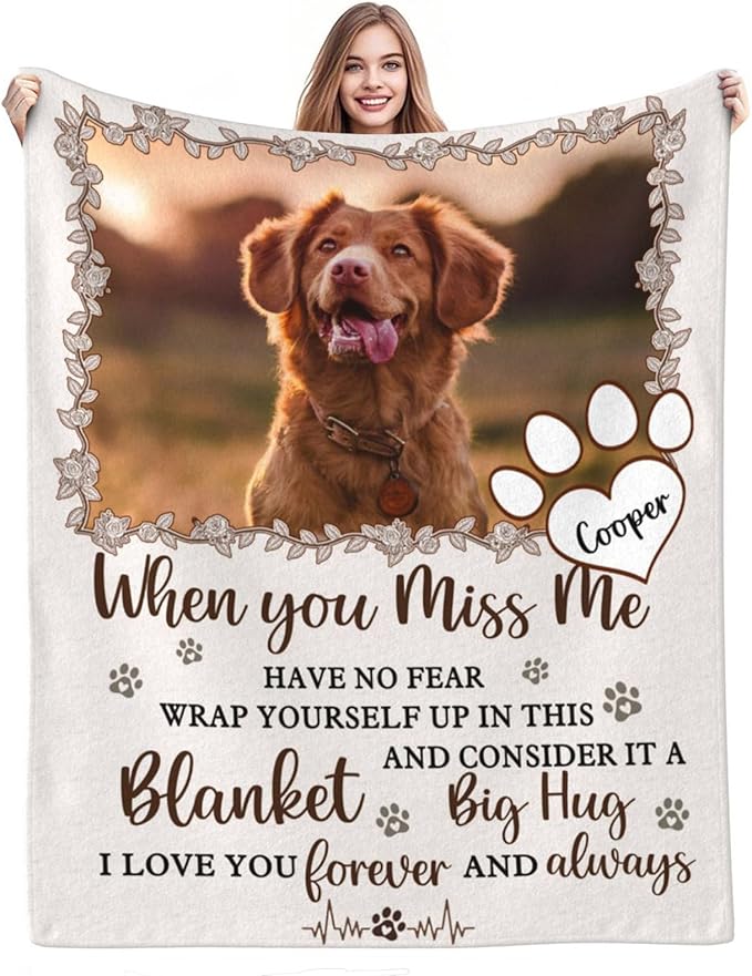 Custom Pet Memorial Blanket with Photo,Personalized Dog/Cat Loss Sympathy Gift,Pet Loss Bereavement Remembrance Gifts,Flannel Throw Blanket with Pictures (Cream)