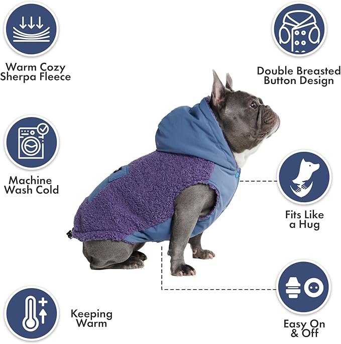 Spark Paws Reversible Dog Sweater, Sherpa Jacket Vest with Warm Fleece Lining, Warm Coat for Winter, Suitable for Small Medium, Large, XL XXL Dogs - Purple and Navy Blue - M