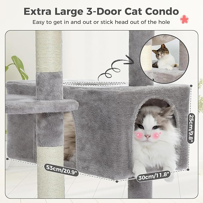 PAWZ Road Large 72 Inch Cat Tree and Tower for Indoor Cats - With Sisal-Covered Scratching Posts, Padded Perches, Condos, and Basket - Gray