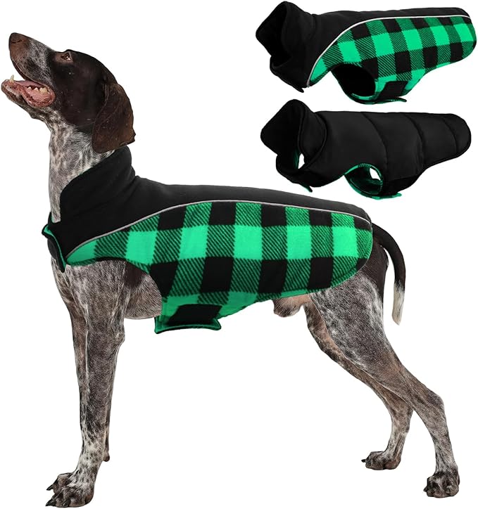 Kuoser Dog Winter Coat, Reversible Waterproof Dog Jacket with Reflective Strip, Warm Dogs Fleece Vest Adjustable Doggy Cold Weather Clothes Plaid Christmas Outfit Pet Apparel for Large Dogs, Green L