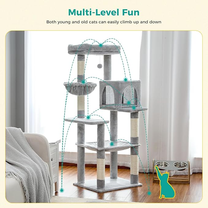 PAWZ Road Cat Tree, 56 Inches Tower Condo with Large Top Perch & Hammock, Cat Tower with Scratching Posts for Indoor Cats，Gray