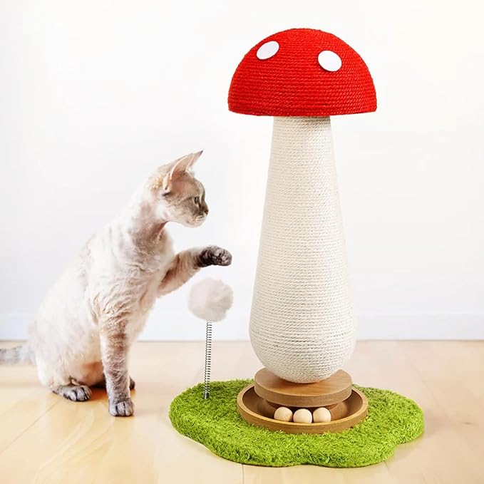 Cat Scratching Post, Mushroom Cat Scratcher with Interactive Ball Track Spring Ball Cat Toys,Durable Cute Sisal Cat Scratchers Post for Indoor Cats Adults Kitten with Stable Base