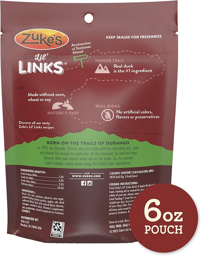 Zuke’s Lil’ Links Dog Treats for Dogs, Snacking Sausage Treats for Dogs, Made with Real Duck & Apple, 6 oz. Resealable Pouch - 6 oz. Bag