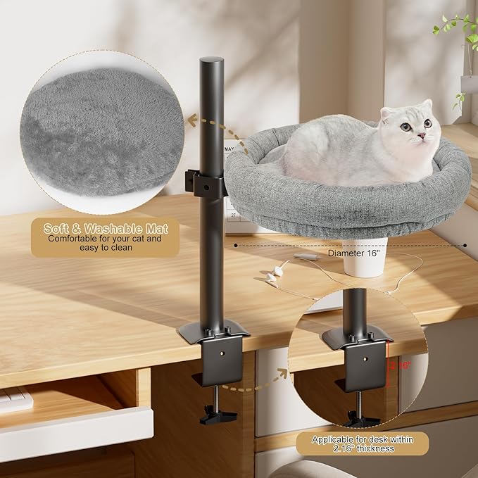 Cat Bed - Desk Cat Nest with 360 Rotation & Adjustable Height - Soft & Comfortable - Indoor Cats Up to 40 lbs (Grey)