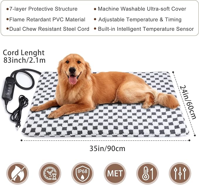 MIXJOY Pet Heating Pad, 11 Adjustable Temperature Dog Heating Pad Indoor with Timer, Heat Pad for Dogs Cats, Electric Cat Heat Pads with Washable Cover, Heated Pet bed-35''x24'', Large