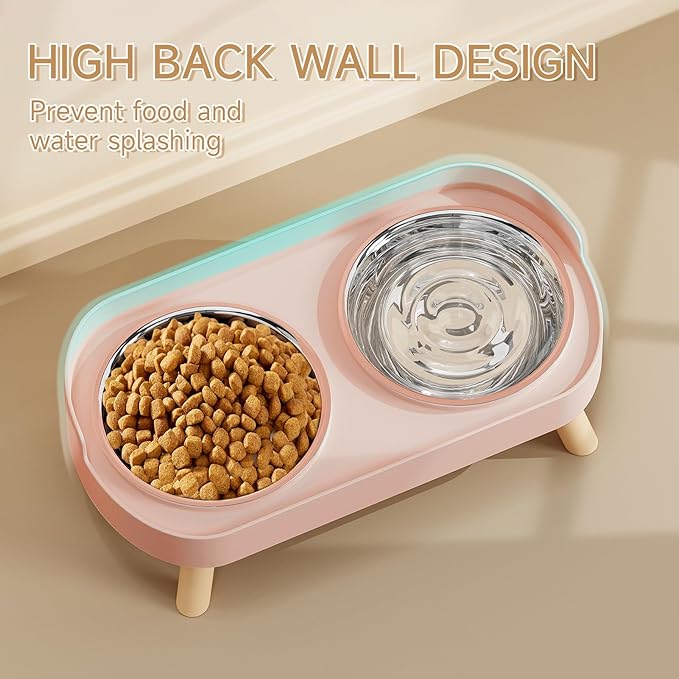Elevated Cat Bowl, Raised Cat Food and Water Bowl Set for Indoor Cats, Splash Proof with 2 Stainless Steel Pet Food Bowls for Cats and Puppies, Whisker Fatigue and Dishwasher Safe - Pink
