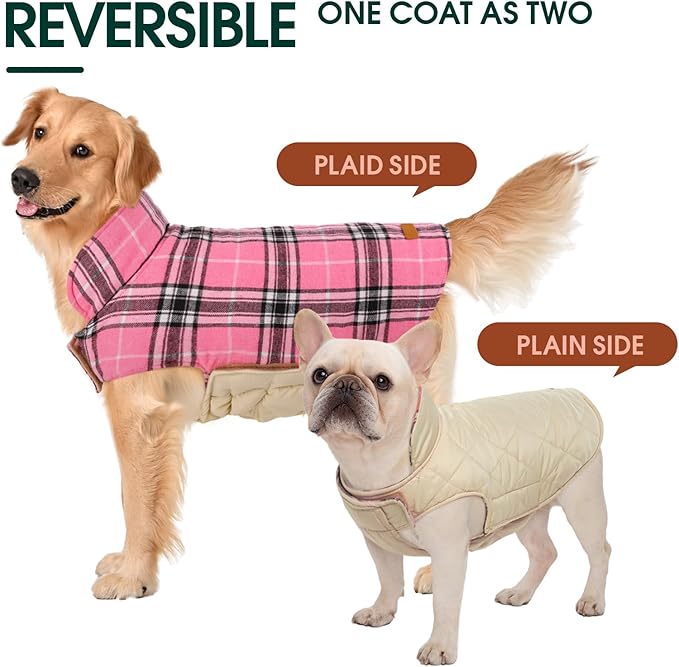 Kuoser Waterproof Dog Coat, Reversible Dog Jacket for Large Dogs, Adjustable Durable Doggie Winter Coat for Groowing Puppies Warm Puppy Cold Weather Apparel, Pink L