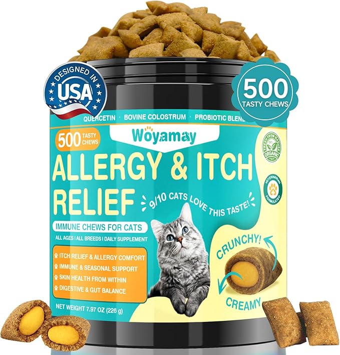 Cat Allergy Relief for Cats, 500 Crunchy & Creamy Anti-Itch and Immunity Chews for Itchy Skin, Paws, Eyes, Ears| Stop Licking & Scratching, Supports Seasonal Itching, Chicken Flavor
