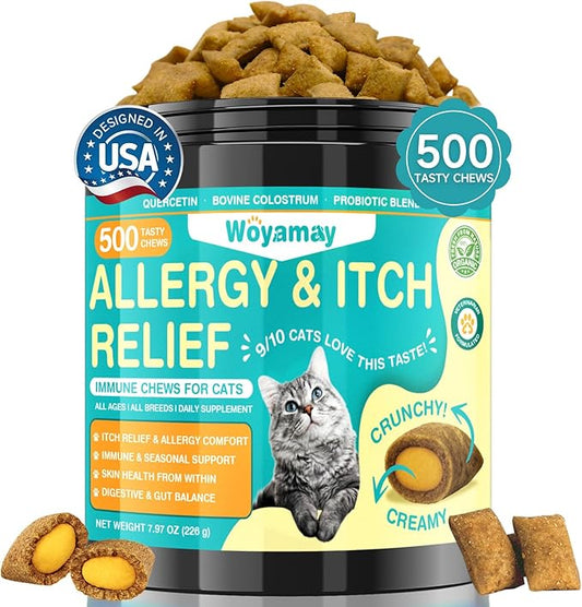 Cat Allergy Relief for Cats, 500 Crunchy & Creamy Anti-Itch and Immunity Chews for Itchy Skin, Paws, Eyes, Ears| Stop Licking & Scratching, Supports Seasonal Itching, Chicken Flavor