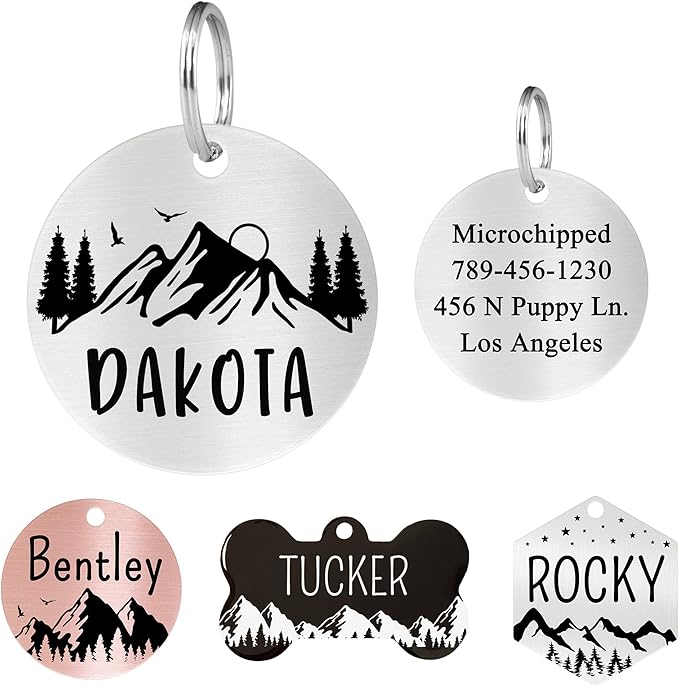 Ultra Joys Stainless Steel Pet ID Tags - Personalized Front and Back Engraving, Customized Dog and Cat Tags, Optional Engraved on Both Sides, Round Mountain Top, Silver Large