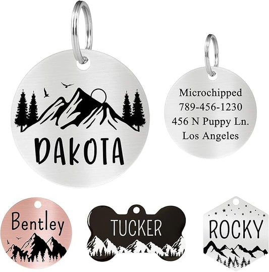 Ultra Joys Stainless Steel Pet ID Tags - Personalized Front and Back Engraving, Customized Dog and Cat Tags, Optional Engraved on Both Sides, Round Mountain Top, Silver Large