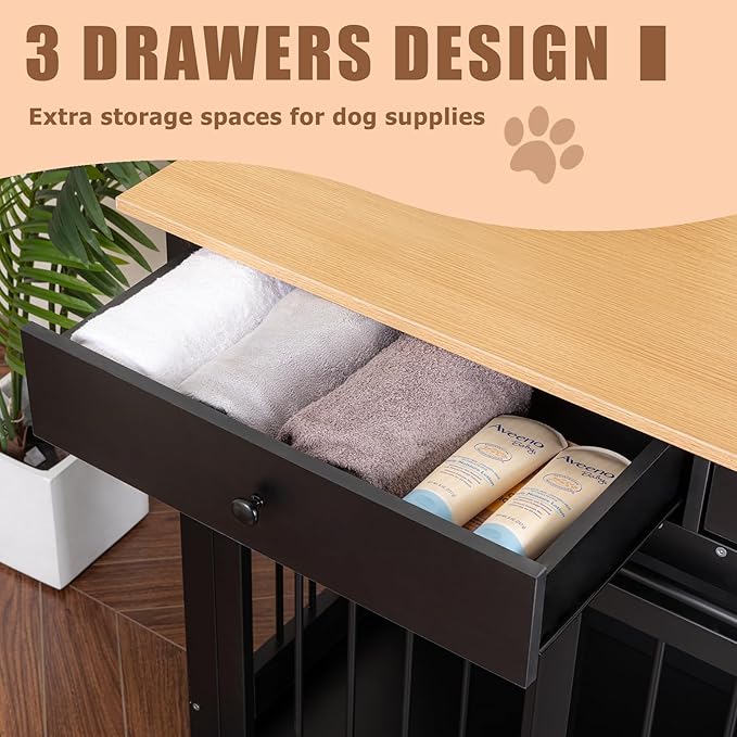 Sunseen Dog Crate Furniture Large Breed Wooden Dog Kennel with Room Divider & 3 Drawer,Double Doors Heavy Duty Dog Crate End Table Indoor TV Stand for Small Medium Large Dog Black,72''W*24''D*35''H