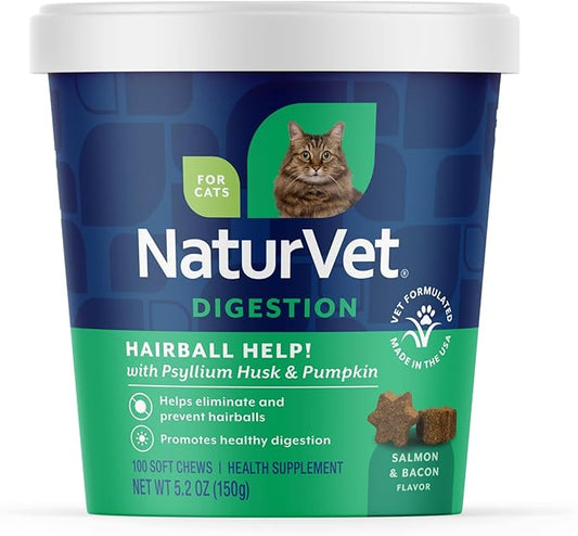 NaturVet – Hairball Aid Supplement for Cats - Plus Pumpkin – Helps Eliminate & Prevent Hairballs – 100 Soft Chews