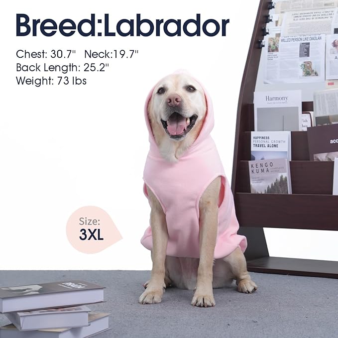 IECOii Warm Dog Hoodie for Large Dogs, Extra Large Dog Hoodie Fleece Vest with Leash Hole & Pocket, Big Dogs Sweatshirt for Giant Breed, Pullover Sleeveless Great Dane Sweater, Pink, 4XL
