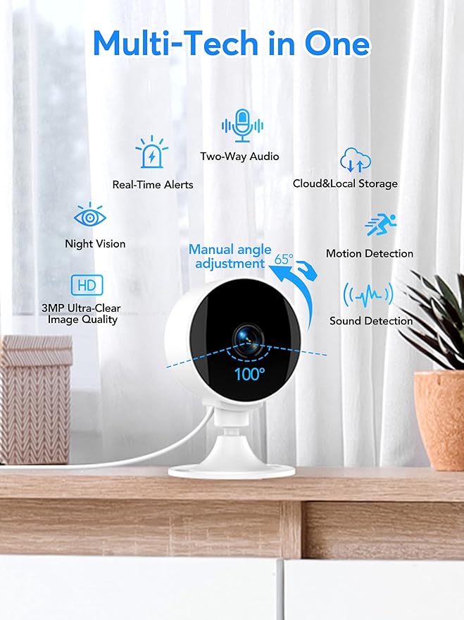 Security Camera Indoor 2K 3MP, Pet & Baby Monitor WiFi Camera with Motion & Sound Detection, Real-Time Alert, Two-Way Audio, Works with Alexa & Google Assistant, Supports 256G SD&Cloud, 2.4GHz