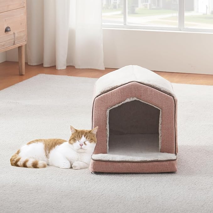 Orthopedic Cat Houses for Indoor Cats,Small Dogs,Super Soft Cat Bed Cave,Condos, Cubes,Cat Hideaway,Covered,Cat Bed for Kitty Small Medium Large Pet (Pink, 18" L x 15" W x 17" Th)