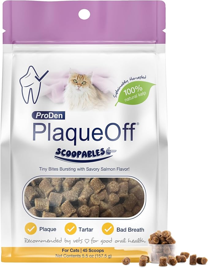 ProDen PlaqueOff Scoopables: Salmon-Flavored Dental Bites for Cats - Natural Kelp Formula for Plaque & Tartar Control, Freshens Breath- 45 Scoops