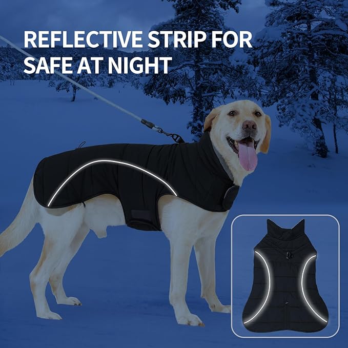 HEYWEAN Dog Winter Coat - Waterproof Windproof Reflective Vest for Medium & Large Breeds Adjustable Warm FleeceLined Jacket with Magic Tape & D-Ring for Leash Cold Weather Apparel (Black, Large)