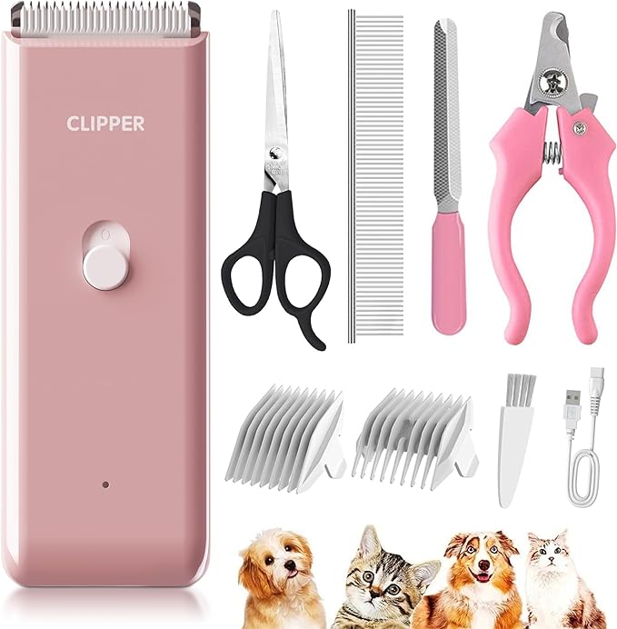 Pink Dog Cat Clippers, Home Professional Cordless Cat Grooming Tools for Dog Thick Coat Clippers, Low Noise Pet Hair Trimmer Kits with 9-Pieces