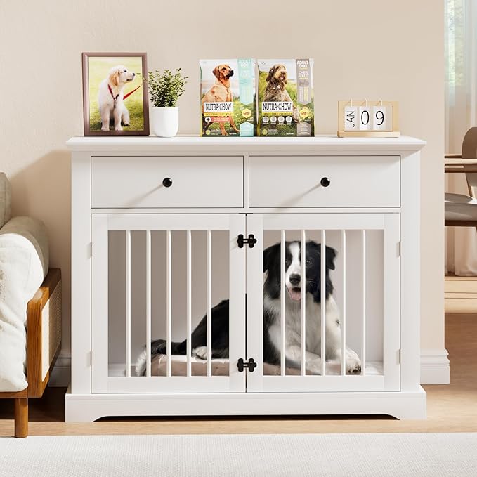 PUKAMI 44inch Dog Crate Furniture with Drawers,Wooden Dog Kennel Furniture for Large Breed,White End Table Wood Dog House for Indoor use,for Small/Medium/Large Dog