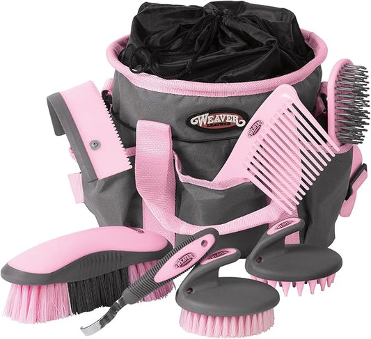 Weaver Leather Horse Grooming Kit, 7-piece Horse Brush Set with Organizer Tote Bag, Equine Care, Horse Tack Room Equipment, Grooming Horse Supplies, Gray/Pink