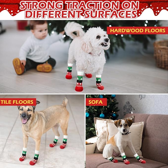 EXPAWLORER Christmas Anti-Slip Soft Dog Socks for Hardwood Floor,Warm Dog Shoes,Paw Protectors for Cold Pavement,Prevent Licking,Traction Control for Small Medium Large Senior Dogs