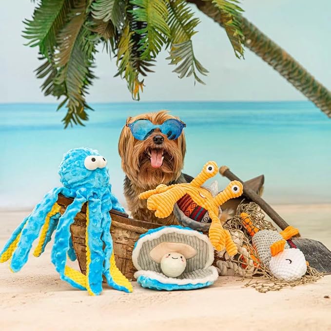 Nocciola 4 Packs Crinkle Squeaky Dog Toys for Aggressive Chewers, Durable Stuffed Plush Rope Tug Puppy Toy for Small, Medium Large Dogs, Octopus Fish Ocean Beach Summer, Dog Birthday Gifts