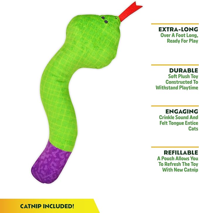 ZOOMIE Snake Kicker - Refillable Catnip Toy + Catnip | High Potency Hand Harvested Fresh | Soft Plush for Engaging Play