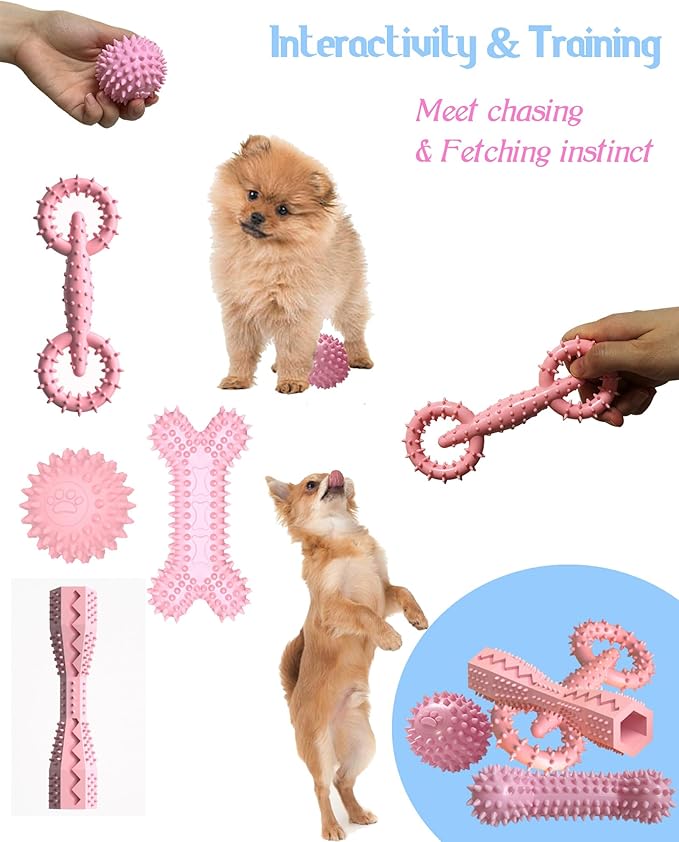 4 Pack Puppy Toys for 2-8 Months Pets Dog Chew Toy for Small Puppies Teething Toys for Cleaning Teeth Cute Pink Small Dog Toys Soft Durable Interactive Chew Toy Puppy Supplies Starter Kit (Pink)