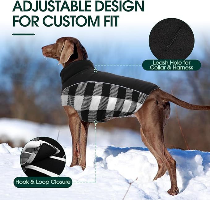 Kuoser Dog Winter Coat, Reversible Waterproof Dog Jacket with Reflective Strip, Warm Dogs Fleece Vest Adjustable Doggy Cold Weather Clothes Plaid Christmas Outfit Pet Apparel for Large Dogs, Black L