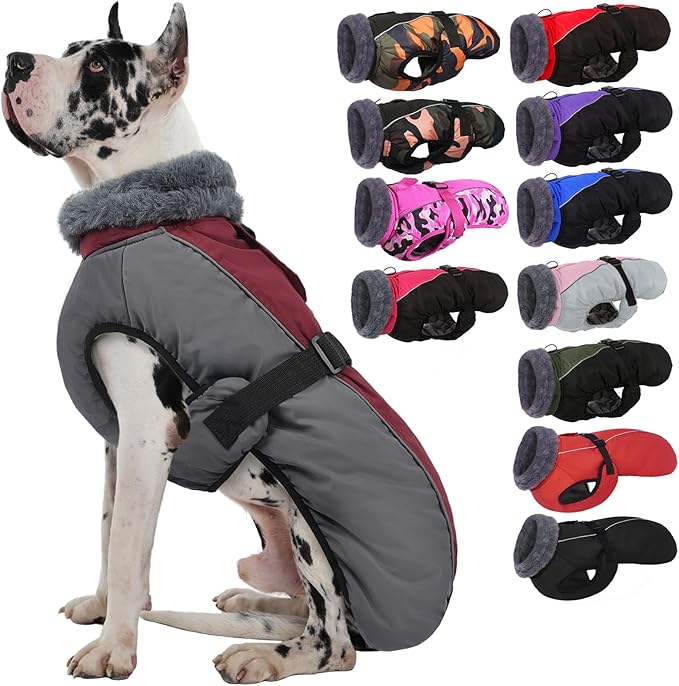 IECOii Dog Coat for Extra Large Dogs - Reflective Adjustable Jacket with Buckle Fleece Turtleneck for Cold Weather - Soft Winter Coat for Giant Breed Dogs, Great Dane Winter Clothes, Burgundy, 4XL