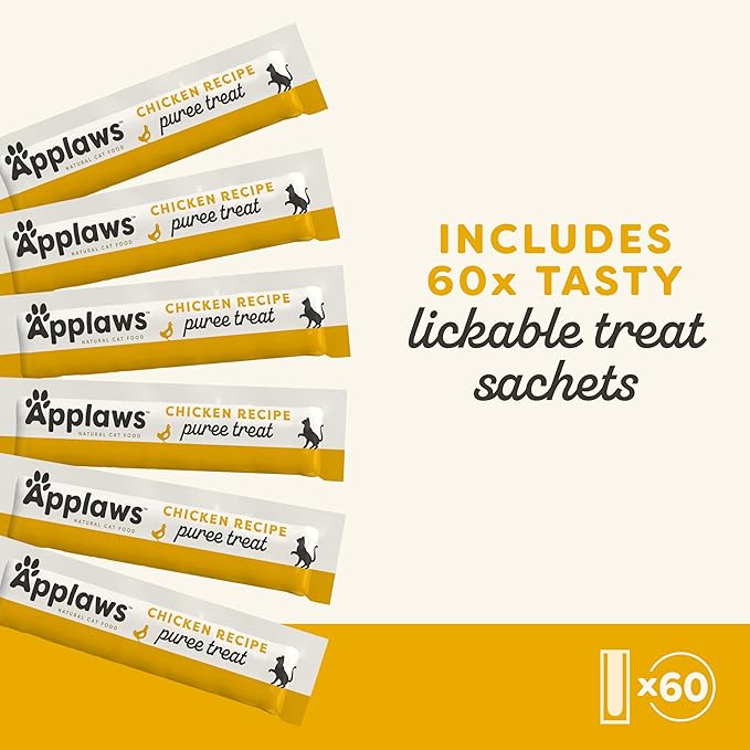 Applaws Lickable Cat Treats, Natural Grain-Free Purée, Made with Limited and Natural Ingredients, No Artificial Additives, Chicken Squeeze Up Cat Treats (60 x 0.5 oz Sachets)