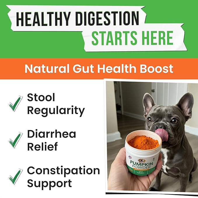 Pumpkin Powder for Dogs - 8oz Powdered Supplement High Fiber for Dogs Stool Softener - Treat Diarrhea, Constipation, Upset Stomach, Food Sensitivity - Improve Digestion - Made in USA