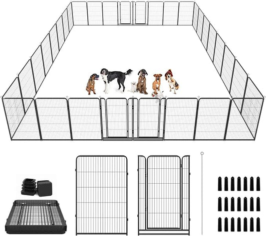 Dog Playpen Outdoor Extra Wide 32 Piece Panels Heavy Duty Dog Fence 47" Height Anti-Rust with Doors Portable for RV Camping Yard, Total 84FT, 561 Sq.ft, Snowy Black