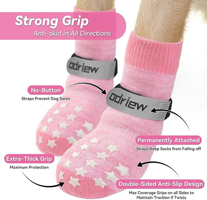 Non Slip Dog Socks to Prevent Licking Paws - Dog Booties for Hardwood Floors Anti Slip - Grippy Socks for Senior Dog - Double Side Paw Protector Prevent Scratching for Hot Pavement. (Pink, L)