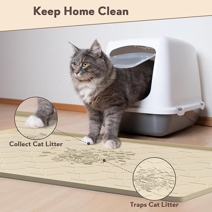 Silicone Cat Litter Trapping Mat, Large Waterproof 34" X 22" Cat Litter Box Mat, Easy to Clean, Beige