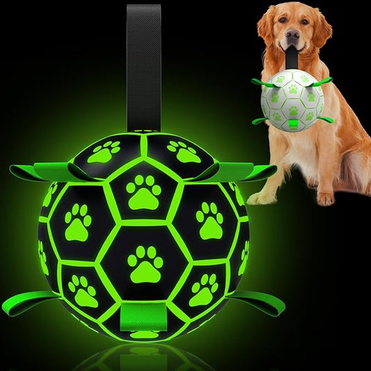 QDAN Premium Glow in The Dark Dog Toys, Dog Ball with Straps, Soccer Ball for Dogs, Outdoor Dog Toys, Pet Birthday Toys, Puppy Essentials for Medium to Large (8Inch)