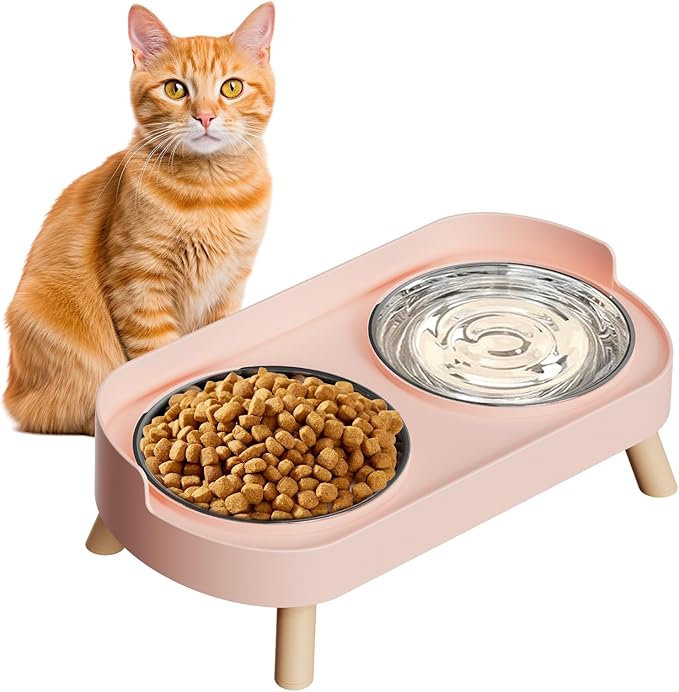 Elevated Cat Bowl, Raised Cat Food and Water Bowl Set for Indoor Cats, Splash Proof with 2 Stainless Steel Pet Food Bowls for Cats and Puppies, Whisker Fatigue and Dishwasher Safe - Pink
