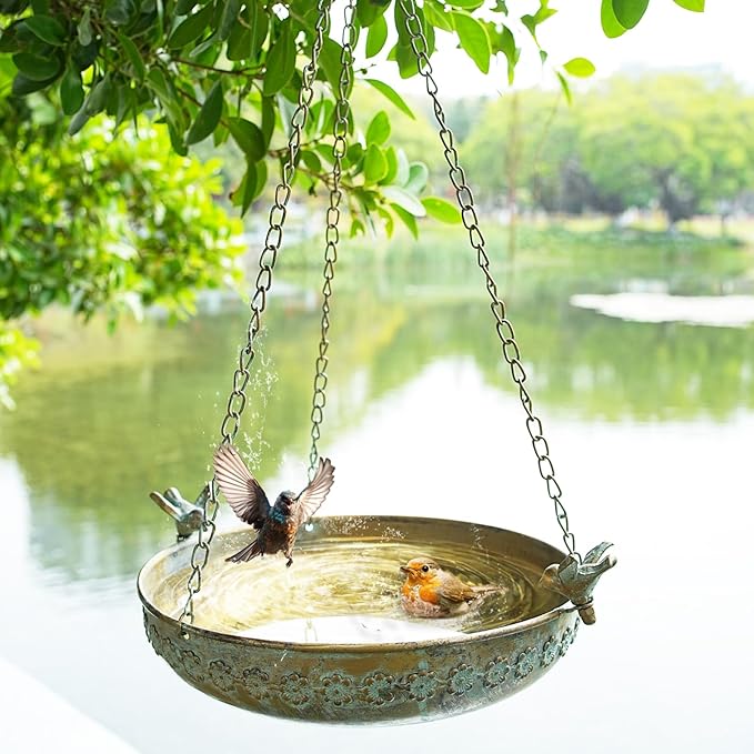 Hanging Bird Bath, Metal Hanging Bird Baths for Outdoors, Birdbath Hanging for Outside Bird Feeder Seed Tray Garden Yard Decor