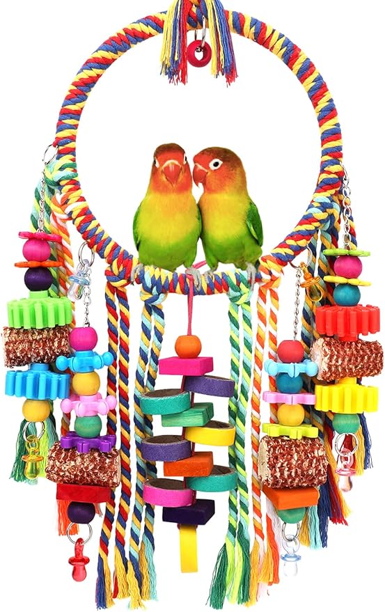 Bird Toys Bird Rope Ring Swing Perch with Corn Cob Cardboard Bagels Wooden Blocks Chewing Toys for Parakeets,Cockatiels,Conure,Lovebirds,Finches and Other Small-Sized Birds